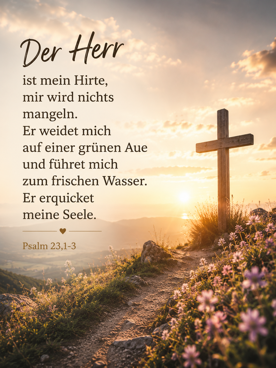 „Der HERR ist mein Hirte, mir wird nichts mangeln. Er weidet mich auf einer grünen Aue und führet mich zum frischen Wasser. Er erquicket meine Seele.“ (Psalm 23,1–3)