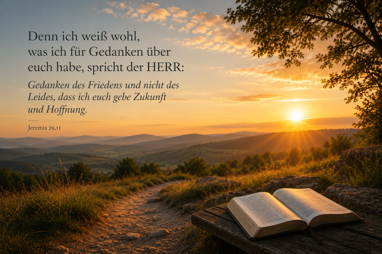 „Denn ich weiß wohl, was ich für Gedanken über euch habe, spricht der HERR: Gedanken des Friedens und nicht des Leides, dass ich euch gebe Zukunft und Hoffnung.“ (Jeremia 29,11)
